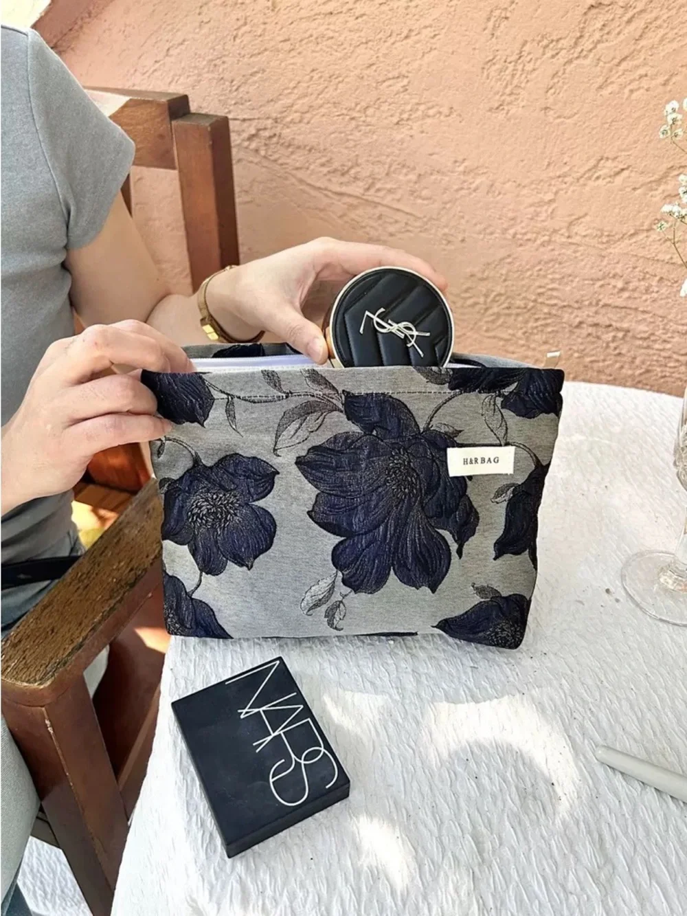 H&R Bag Floral Cosmetic Pouch in Gray with Navy Flowers